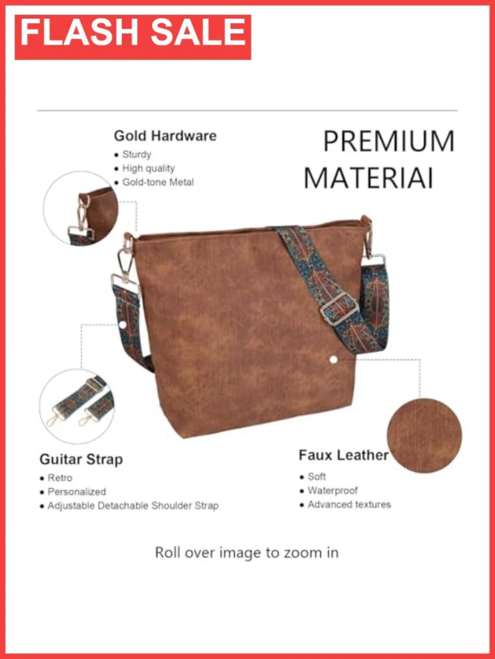 Slouchy Hobo Crossbody Bag Faux Leather Adjustable Guitar Strap Women's Purse